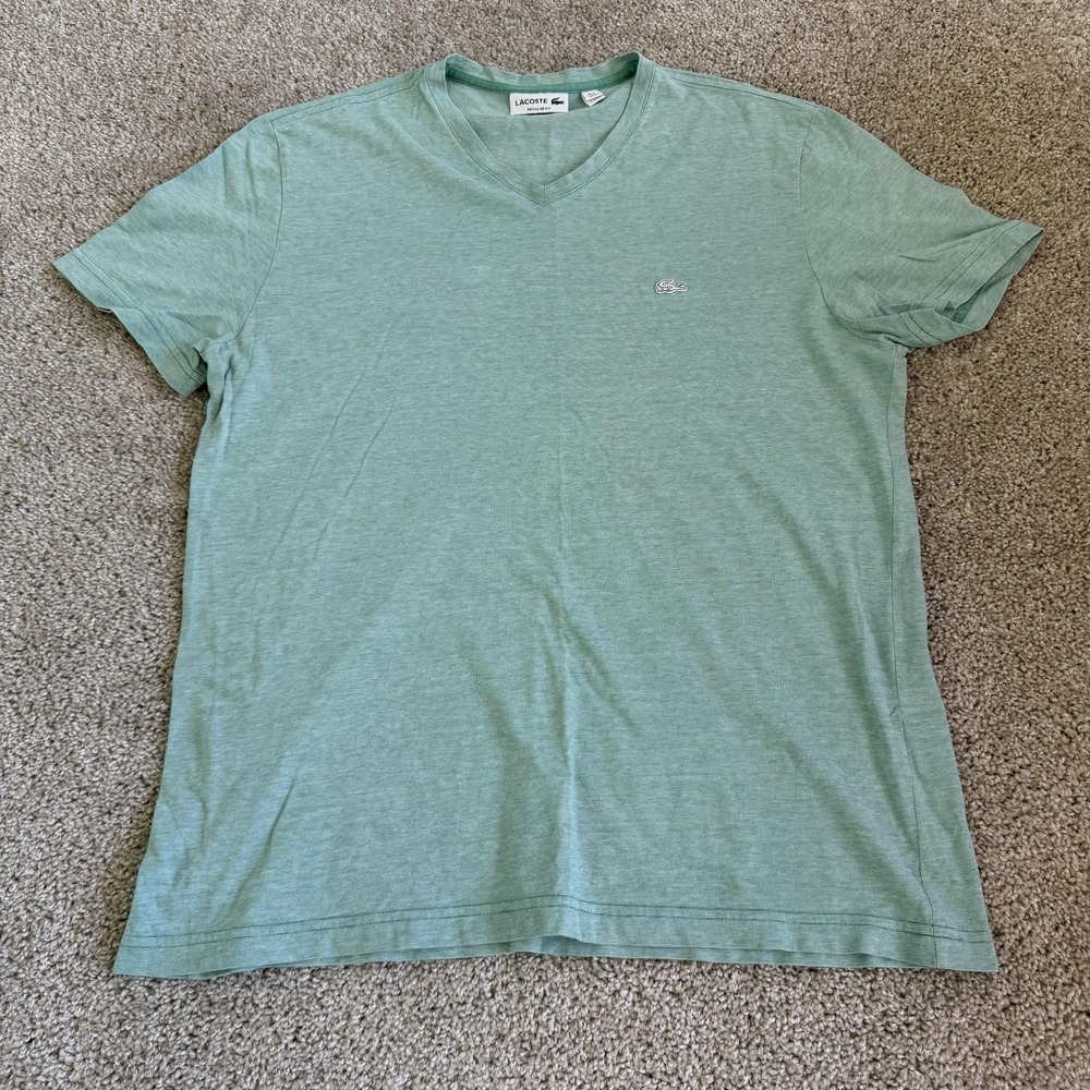 Lacoste Shirt Mens XL Green Soft Jersey Regular Fit V-Neck Croc Logo Tee T-Shirt